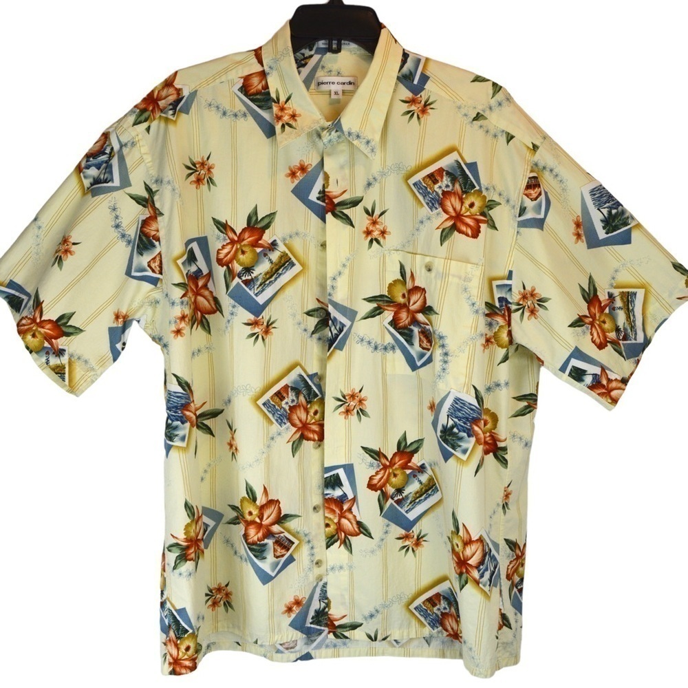 Pierre Cardin Hawaiian Postcard Cotton‎ Short Sleeve Button Down Shirt - Size XL